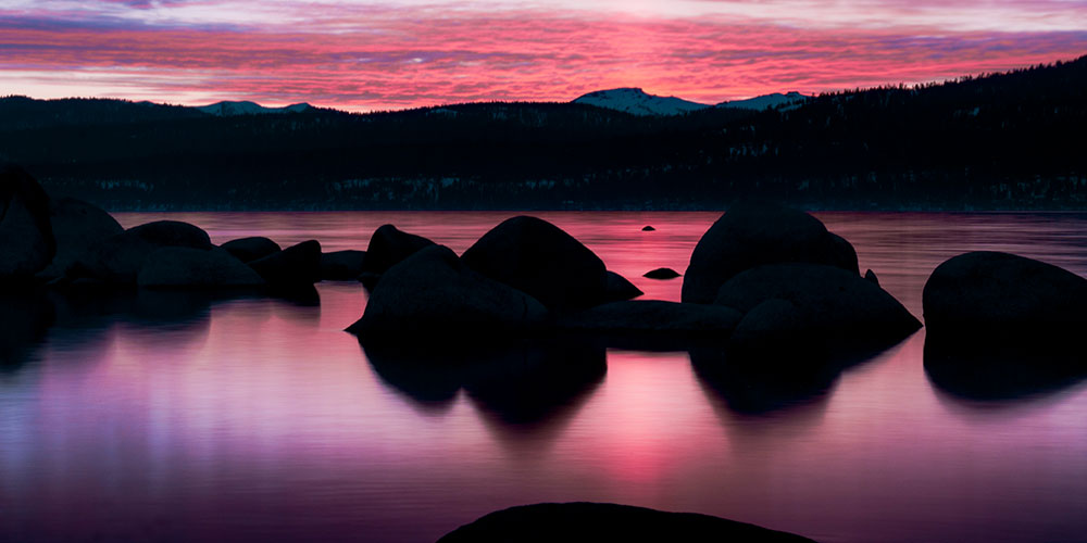 Meditation visual, rocky water sunset