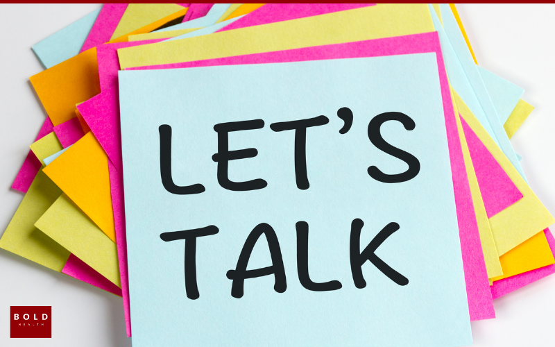 What to Expect During Your First Week in an IOP A stack of colorful sticky notes with the top note reading LETS TALK in bold black letters. The Bold Health logo appears in the bottom left corner.