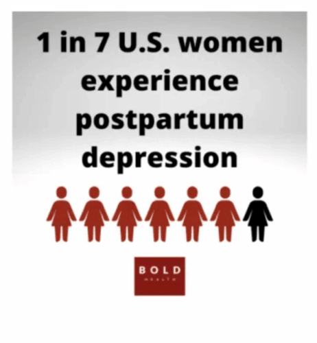 Infographic showing that 1 in 7 U.S. women experience Postpartum Depression, using six red and one black female icons, with the Bold Health logo at the bottom.